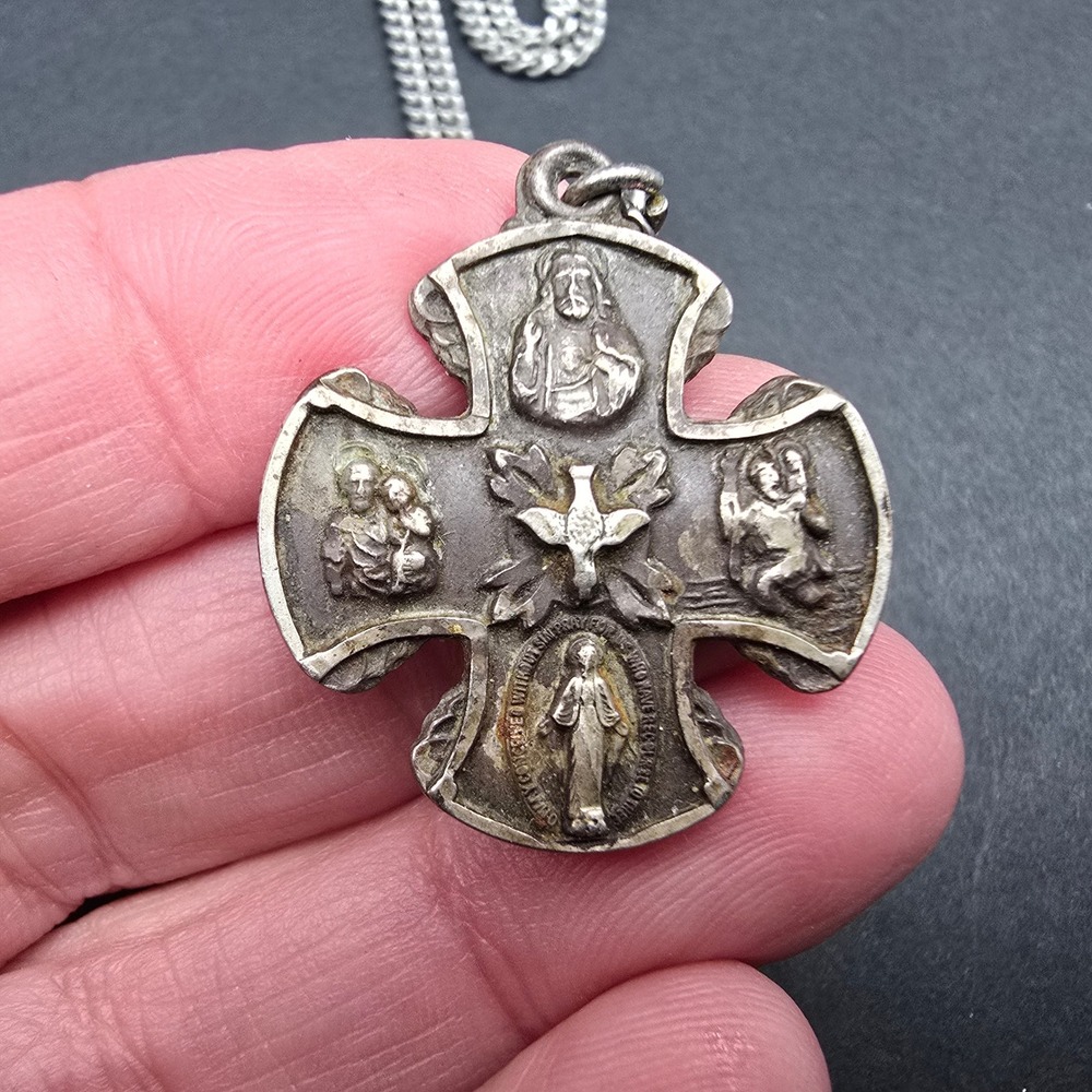 Creed Sterling Silver 4-Way Medal Cross Necklace Catholic Call a Priest Vintage